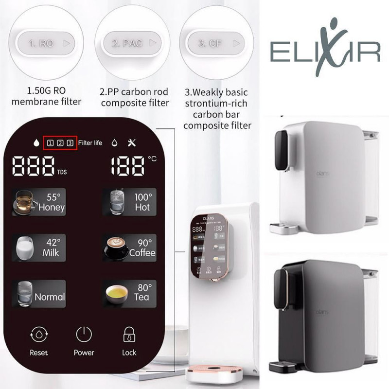 Диспенсър за пречистване и затопляне на чешмяна вода ELIXIR, 2100W, 38-99C, Обратна осмоза, Минерално обогатяване, Бял
