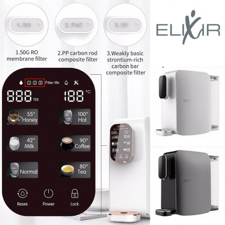 Диспенсър за пречистване и затопляне на чешмяна вода ELIXIR, 2100W, 38-99C, Обратна осмоза, Минерално обогатяване, Черен