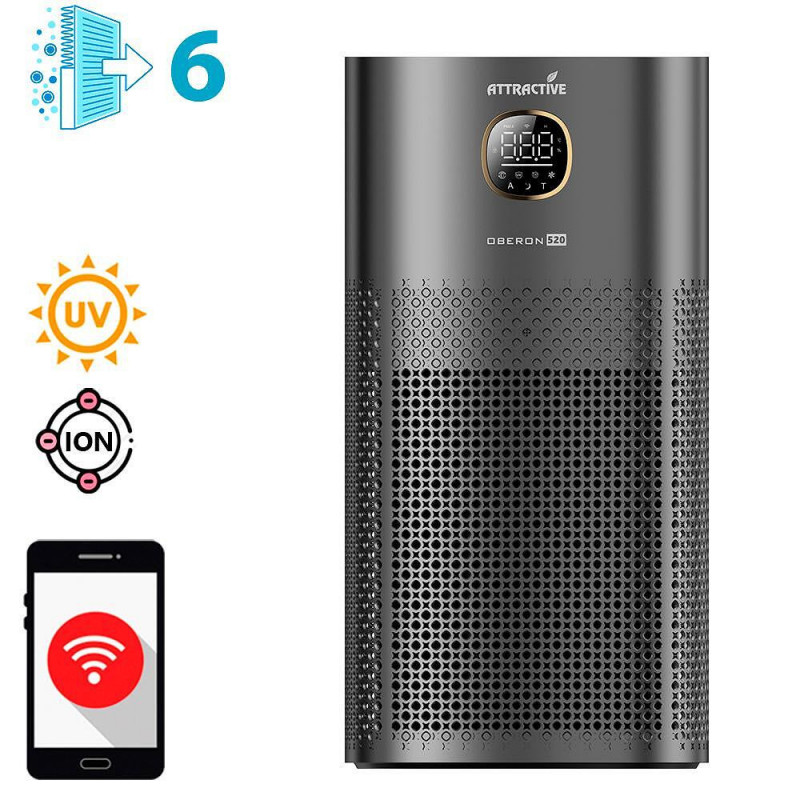 Пречиствател за въздух Attractive OBERON 520, 50W, За до 62 м2, Wi-Fi, 5 скорости, Таймер, Нощен режим, Дистанционно, Интелигентен сензор за замърсяване, Тъмносив