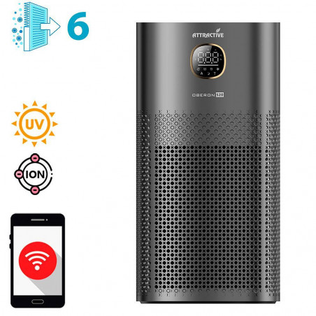 Пречиствател за въздух Attractive OBERON 520, 50W, За до 62 м2, Wi-Fi, 5 скорости, Таймер, Нощен режим, Дистанционно, Интелигентен сензор за замърсяване, Тъмносив