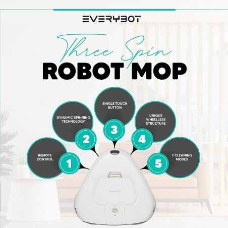 Робот за миене на подове Everybot TS300, 27W, 300 мл, Мокро/Сухо, Автономност до 200 мин, 6 режима, Сензор против падане/блъскане, Бял