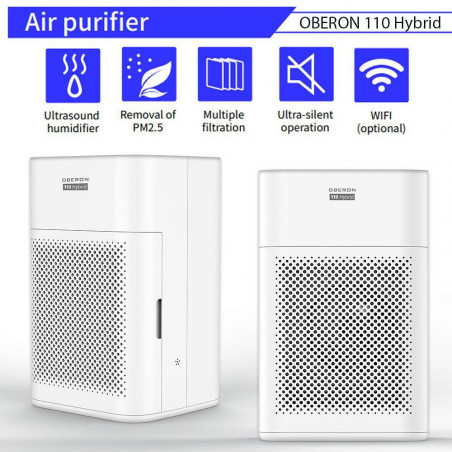 Пречиствател за въздух и овлажнител 2в1 Oberon 110 HYBRID, 21W, За до 15 м2, 110 м³/ч, Wi-Fi, 3 скорости, Карбонов филтър, Нощен режим, Таймер, Бял