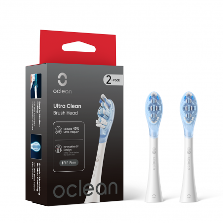 Комплект 2 бр резервни глави за електрическа четка за зъби Oclean Ultra Clean Brush Head, Твърда, Дълбоко почистване, DuPont, FlexFit, Бял