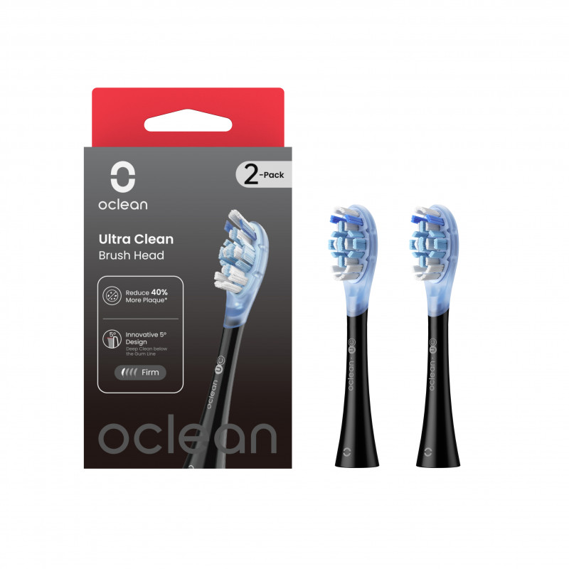 Комплект 2 бр резервни глави за електрическа четка за зъби Oclean Ultra Clean Brush Head, Твърда, Дълбоко почистване, DuPont, FlexFit, Черен