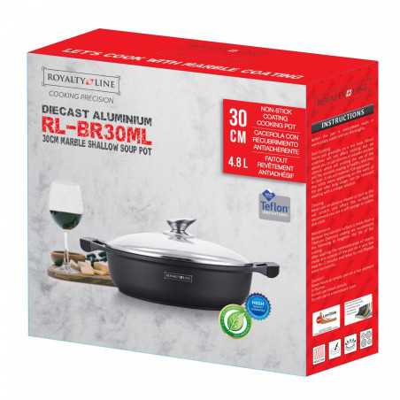 Плитка тенджера Royalty Line RL-BR30ML, 30 см, 4.8 л, Мраморно незалепващо покритие, Стъклен капак, Без PFOA, Индукция, Черен