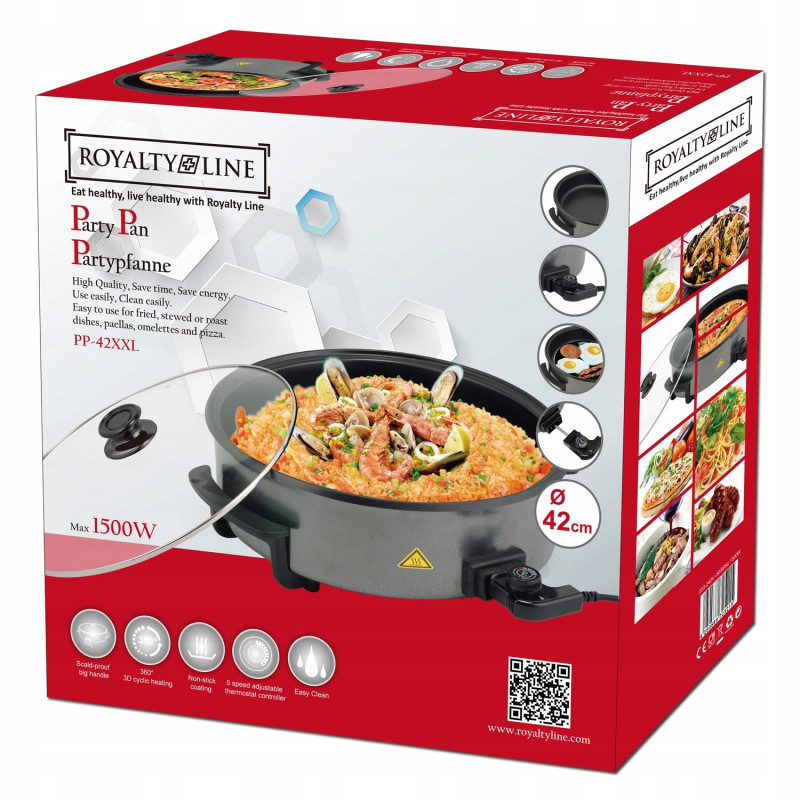 Електрически тиган Royalty Line PP-18214, 1500W, 42 см, 5.5 l, Стъклен капак, Термостат, Шагрен
