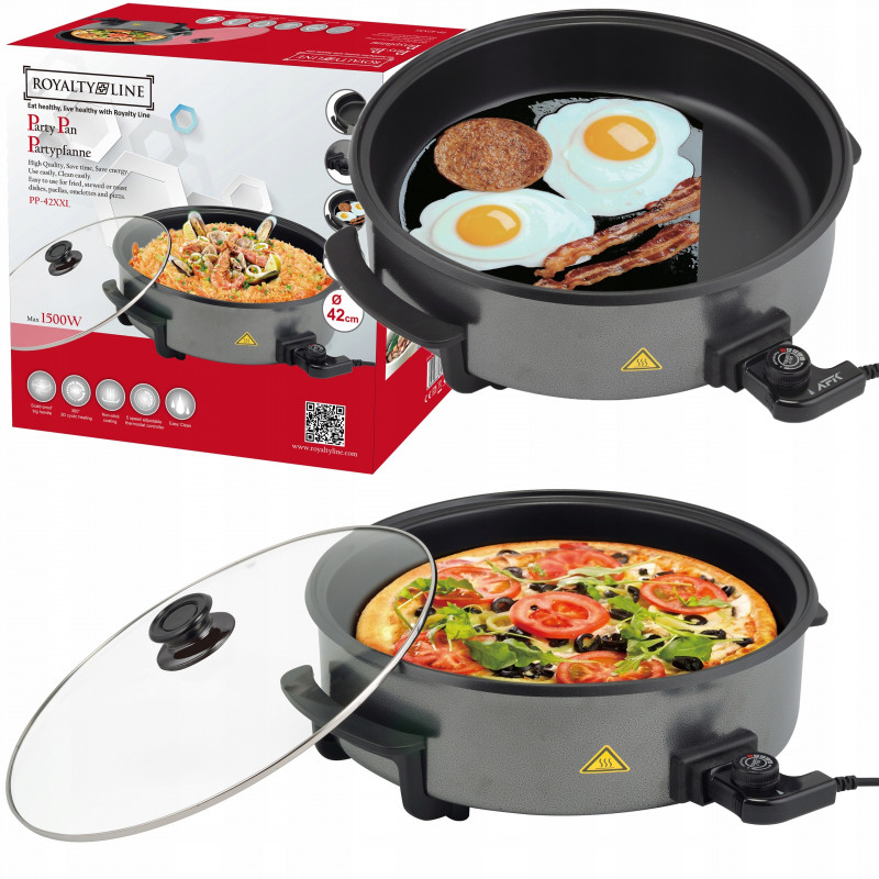 Електрически тиган Royalty Line PP-18214, 1500W, 42 см, 5.5 l, Стъклен капак, Термостат, Шагрен