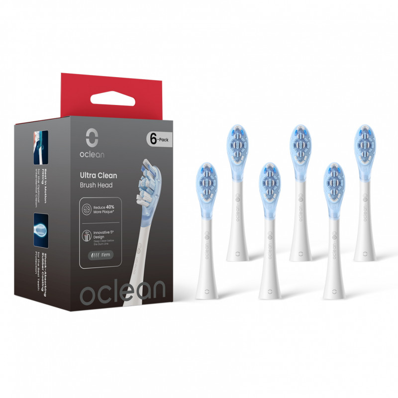 Комплект 6 бр резервни глави за електрическа четка за зъби Oclean Ultra Clean Brush Head, Твърда, Дълбоко почистване, DuPont, FlexFit, Бял