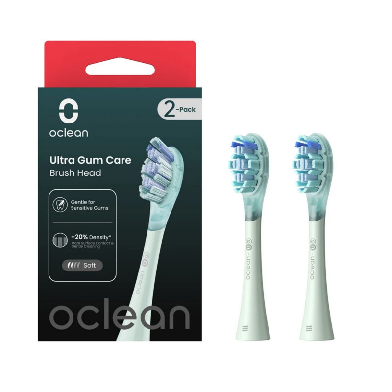 Комплект 2 бр резервни глави за електрическа четка за зъби Oclean Ultra Gum Care Brush Head, Мека, Нежно почистване, DuPont, FlexFit, Зелен