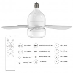 Вентилатор за таван Kumtel KTF-201, 12W, 6500K/3500K, E27, LED, 3 режима, 4 скорости, Дистанционно управление, Бял