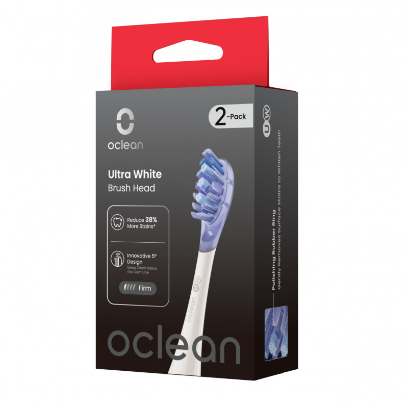 Комплект 2 бр резервни глави за електрическа четка за зъби Oclean Ultra White Brush Head, Твърда, За Избелване, DuPont, FlexFit, Бял