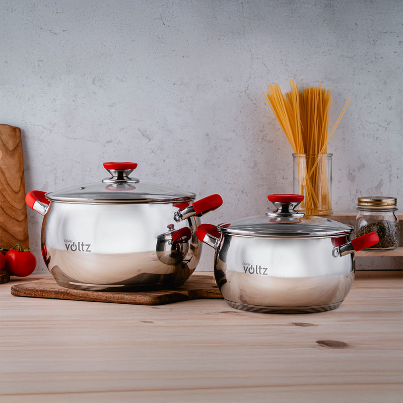 Тенджера Oliver Voltz OV51210N28, 28 см, 10.45 л, Индукция, Силиконови дръжки, Инокс/Червен