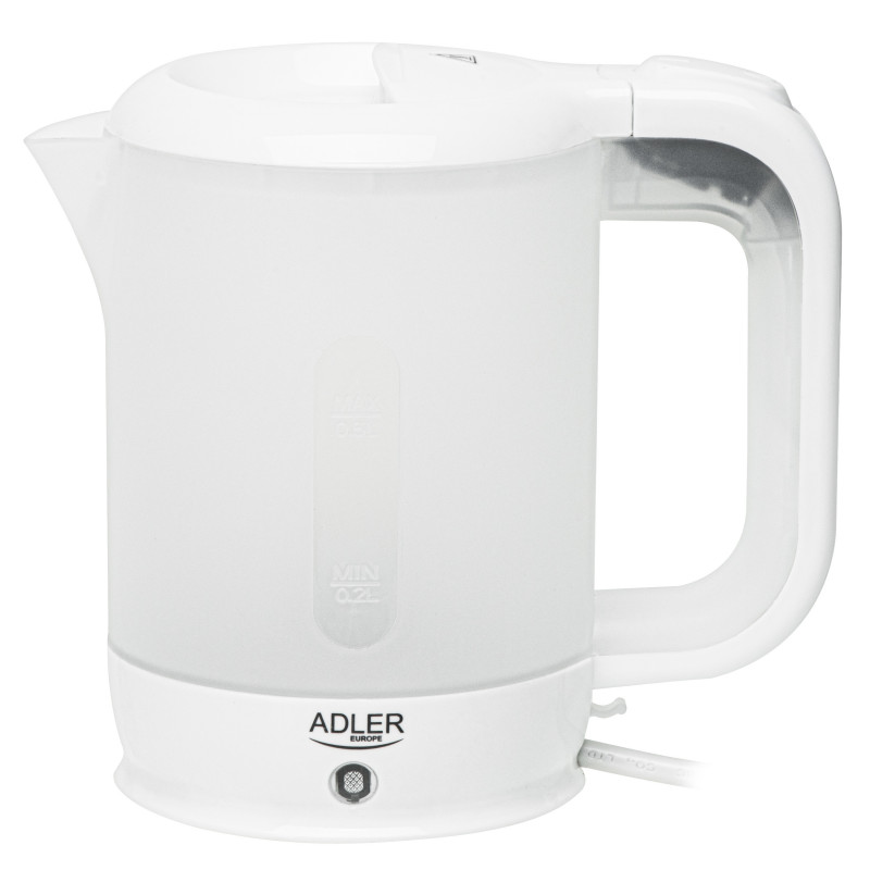 Електрическа кана Adler AD 1381, 900W, 0.5 л, 2 чаши и лъжичка, Защита от работа вода, Бял