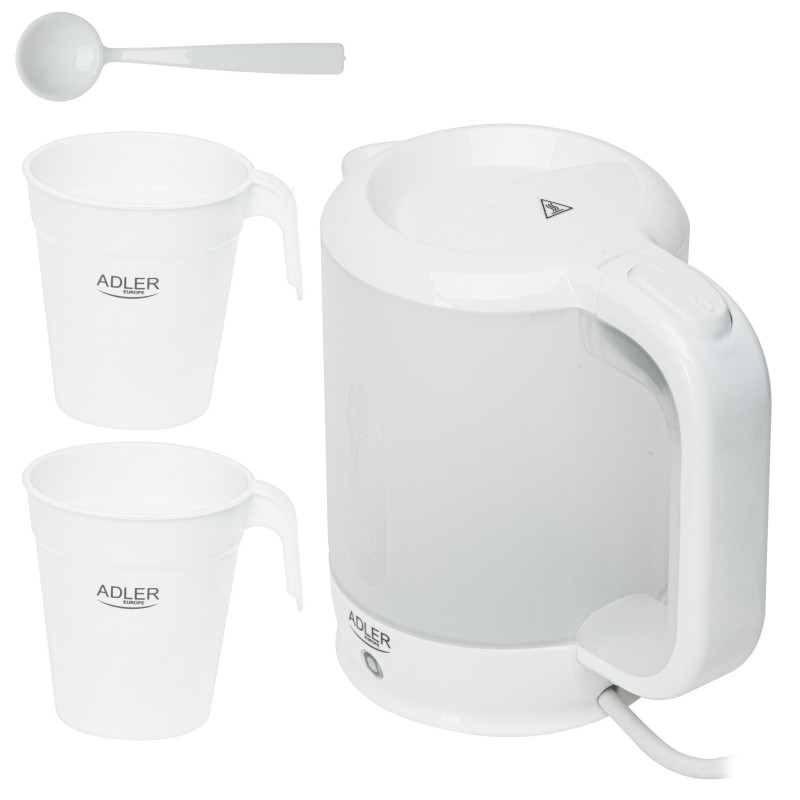Електрическа кана Adler AD 1381, 900W, 0.5 л, 2 чаши и лъжичка, Защита от работа вода, Бял