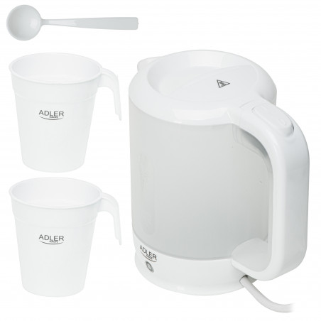 Електрическа кана Adler AD 1381, 900W, 0.5 л, 2 чаши и лъжичка, Защита от работа вода, Бял