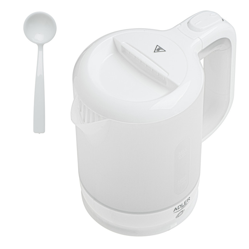 Електрическа кана Adler AD 1381, 900W, 0.5 л, 2 чаши и лъжичка, Защита от работа вода, Бял