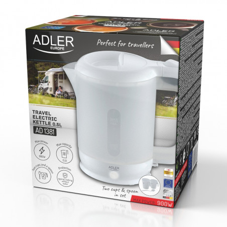 Електрическа кана Adler AD 1381, 900W, 0.5 л, 2 чаши и лъжичка, Защита от работа вода, Бял