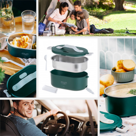 Електрическа кутия за обяд Adler AD 4522, 45W, 0.8 л, До 70C, Съд от неръждаема стомана, Термочанта, Зелен