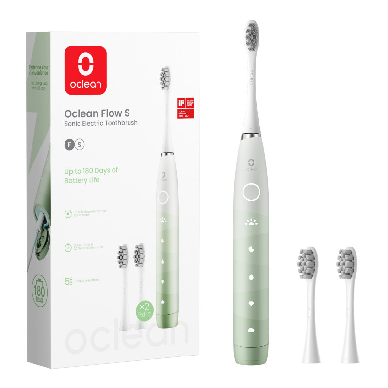 Електрическа четка за зъби Oclean Flow S, 1.85W, 76000 об/мин, 5 режима, Таймер, До 180 дни автономност, Type-C, Антибактериална повърхност, Зелен