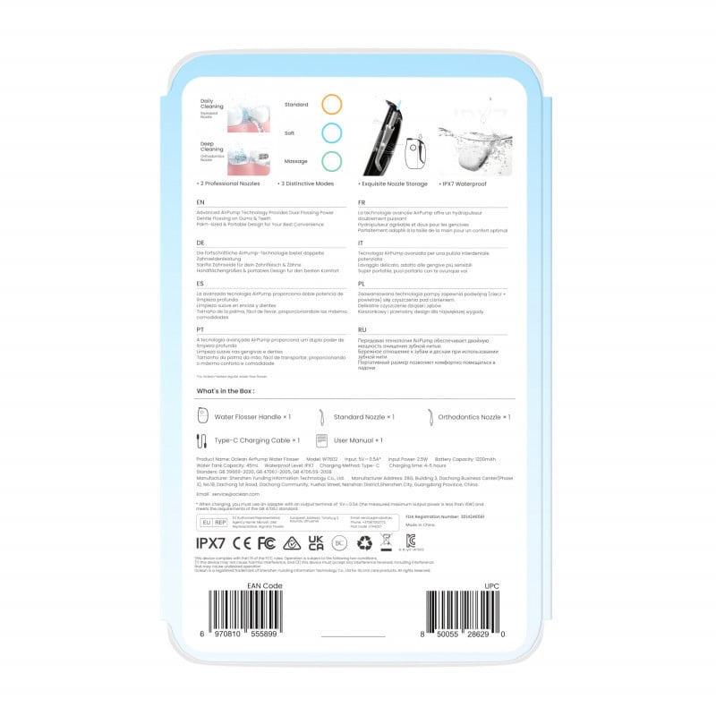 Зъбен душ Oclean AirPump A10, 3 режима, 2 накрайника, Автономия 40 дни, IPX7, USB-C, Сив