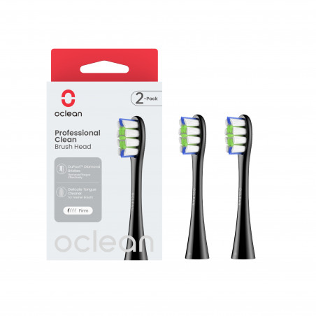 Комплект 2 бр резервни глави за електрическа четка за зъби Oclean Professional Clean Brush Head, Твърда, DuPont влакна, Грижа за езика, Черен