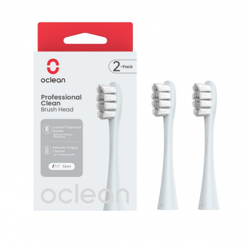 Комплект 2 бр резервни глави за електрическа четка за зъби Oclean Professional Clean Brush Head, Твърда, DuPont влакна, Грижа за езика, Сребрист