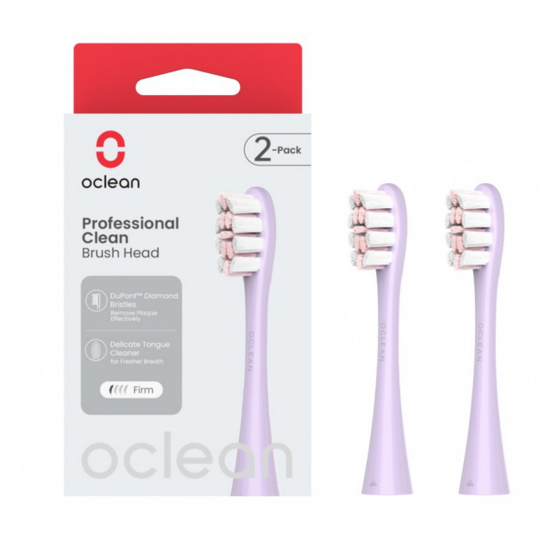 Комплект 2 бр резервни глави за електрическа четка за зъби Oclean Professional Clean Brush Head, Твърда, DuPont влакна, Грижа за езика, Лилав