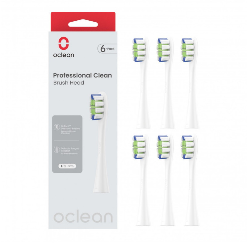 Комплект 6 бр резервни глави за електрическа четка за зъби Oclean Professional Clean Brush Head, Твърда, DuPont влакна, Грижа за езика, Бял