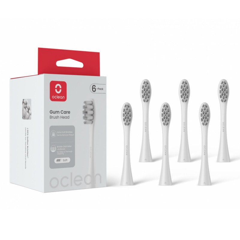 Комплект 6 бр резервни глави за електрическа четка за зъби Oclean Gum Care Brush Head, Мека, Двустранно заострени влакна, Бял
