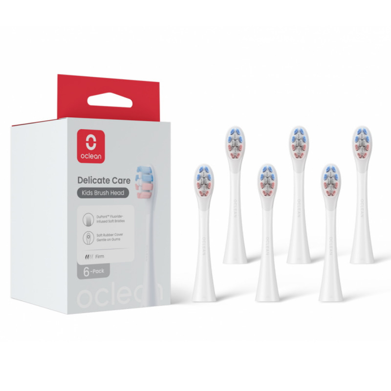 Комплект 6 бр резервни глави за електрическа четка за зъби Oclean Delicate Care Brush Head, Мека, За деца, DuPont влакна с флуроид, Бял