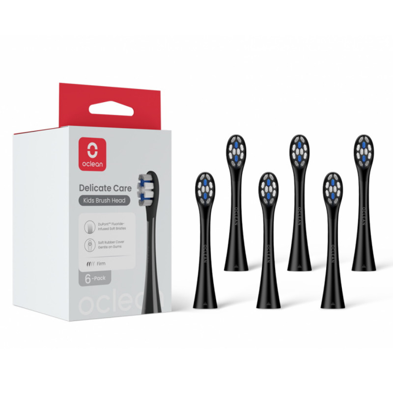 Комплект 6 бр резервни глави за електрическа четка за зъби Oclean Delicate Care Brush Head, Мека, За деца, DuPont влакна с флуроид, Черен