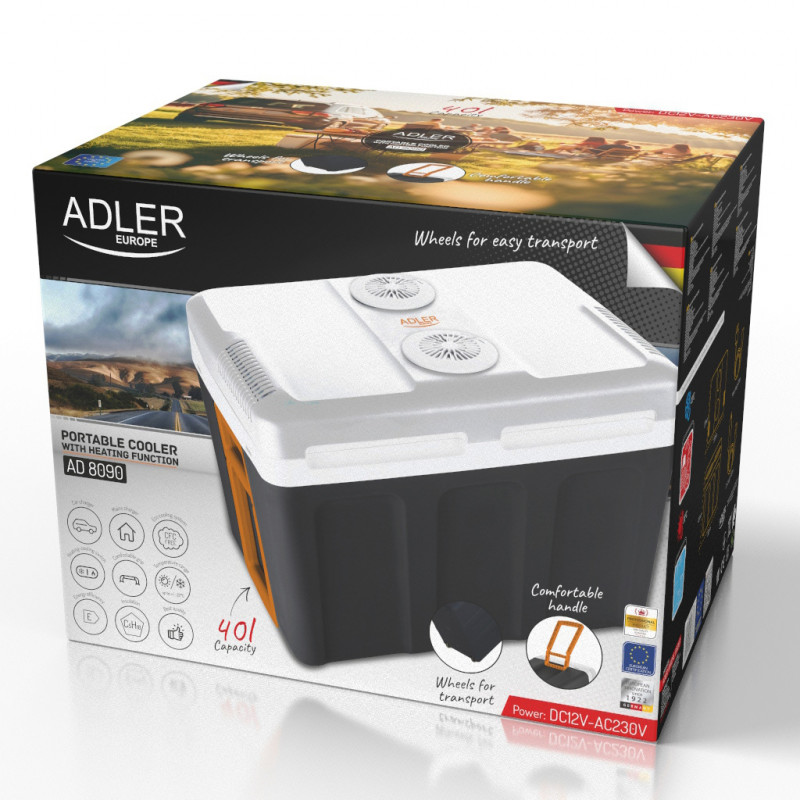 Хладилна кутия Adler AD 8090, 40 л, 58 W, 12/220/240V, Климатичен клас N, Специална изолация C5H10, Сив