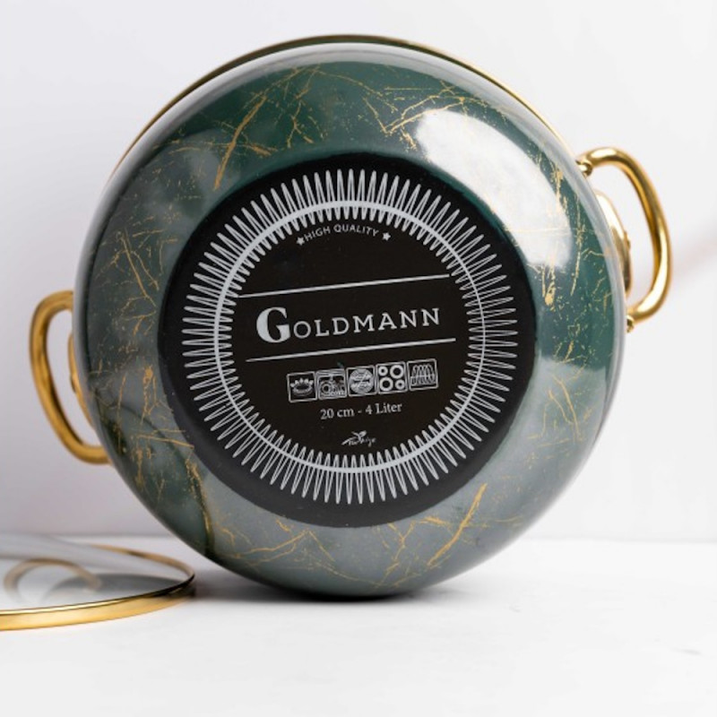 Тенджера Goldmann GM 8017-20G, 4л, 20х13 см, Емайлирана, Индукция, Стъклен капак, Изумрудено зелено