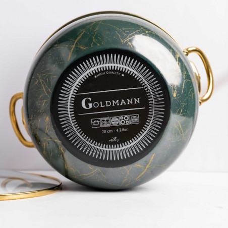 Тенджера Goldmann GM 8017-20G, 4л, 20х13 см, Емайлирана, Индукция, Стъклен капак, Изумрудено зелено