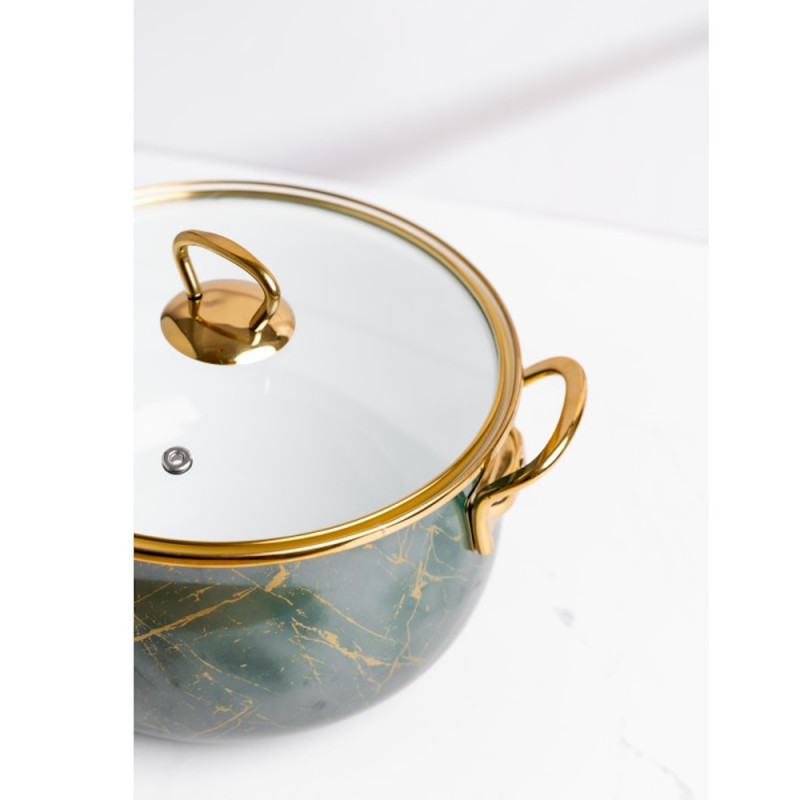 Тенджера Goldmann GM 8017-26G, 8.5л, 26х16 см, Емайлирана, Индукция, Стъклен капак, Изумрудено зелено