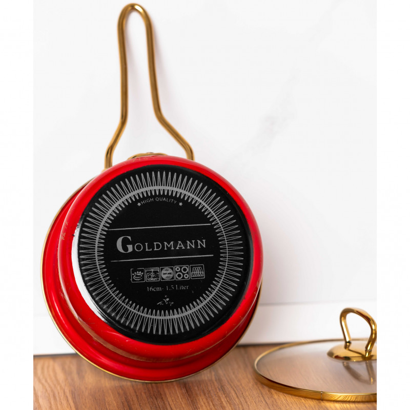 Касерола със стъклен капак Goldmann GM 4521-18R, 18x9 см, 2L, Емайл, Индукция, Червен/Старо Злато