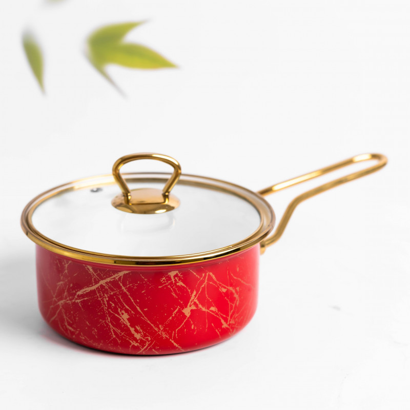 Касерола със стъклен капак Goldmann GM 4521-18R, 18x9 см, 2L, Емайл, Индукция, Червен/Старо Злато