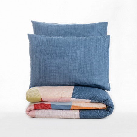 Спален комплект Cotton Box 129CTN4405, 100% памук, 4 части, Завивка 200х220 см, Чаршаф 240х260 см, Калъфка 50х70 см, Син/оранжев