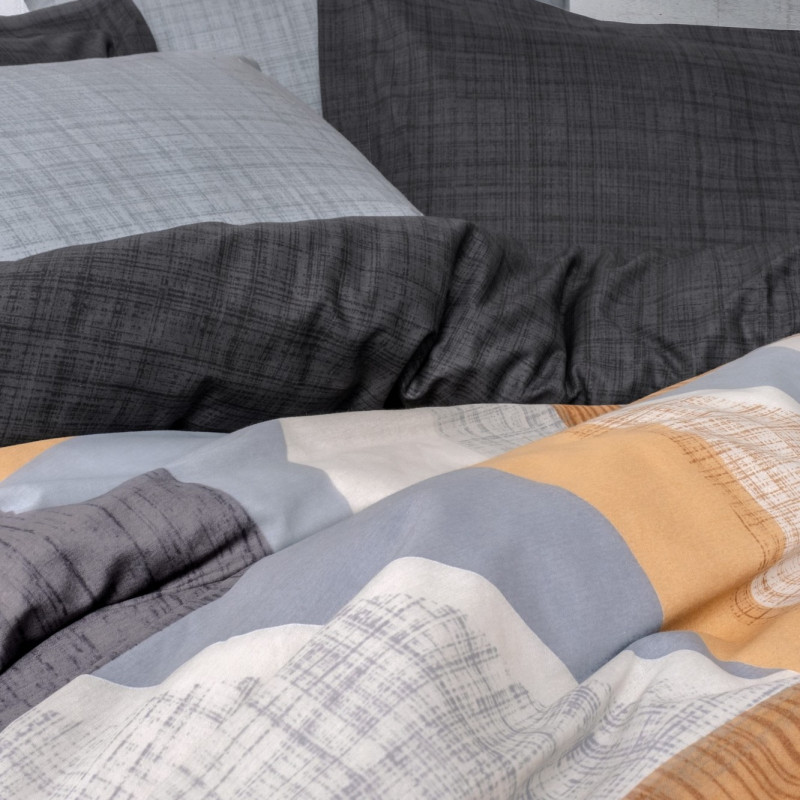 Спален комплект Cotton Box 129CTN4490, 100% памук, 4 части, Завивка 200х220 см, Чаршаф 240х260 см, Калъфка 50х70 см, Сив/оранжев