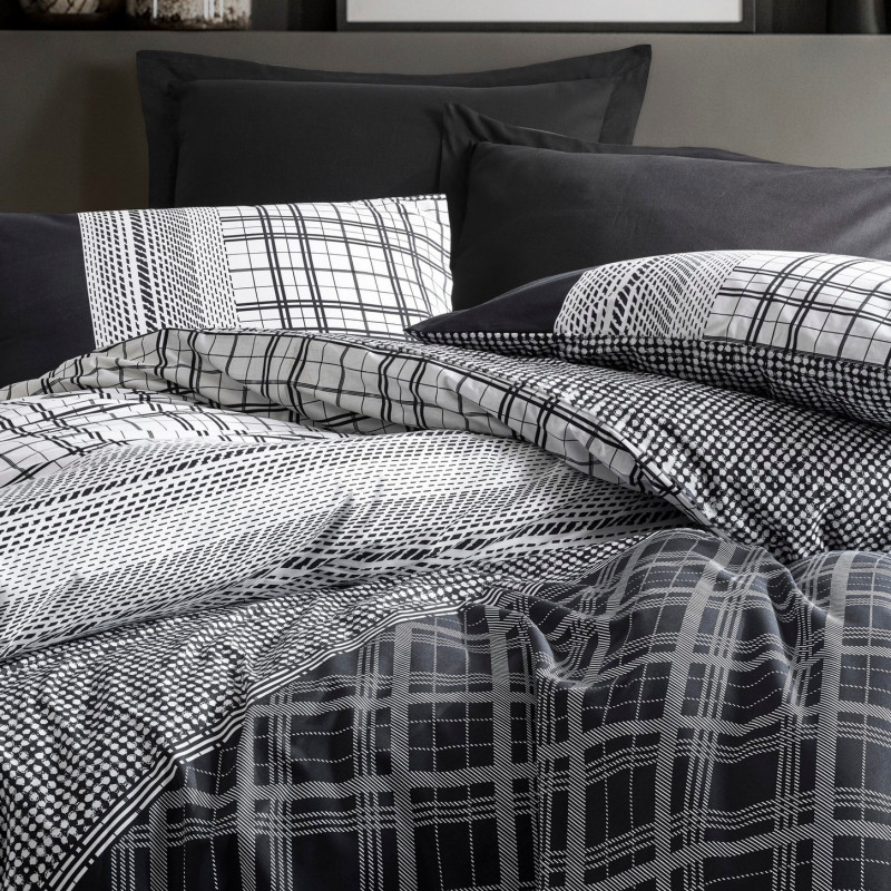 Спален комплект Cotton Box 129CTN2580, 100% памук, 3 части, Завивка 160х220 см, Чаршаф 160х240 см, Калъфка 50х70 см, Черен/сив