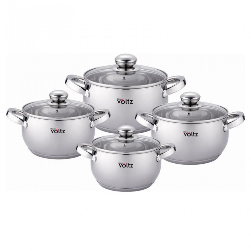Комплект тенджери Oliver Voltz OV51210G8B, 8 части, Многослойно дъно, Индукция, Неръждаема стомана, Сребрист