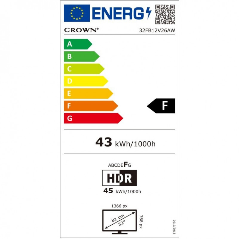 Телевизор Crown 32FB12V26AW, 32", 81 см, HD Ready 1366x768, Клас F, Android, Wi-Fi, Smart TV, Черен