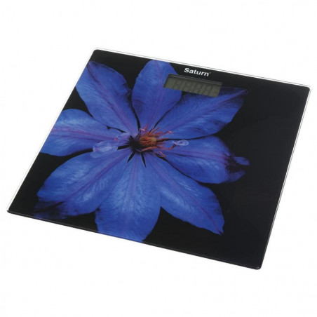 Кантар Saturn ST-PS0287, До 150 кг, LCD дисплей, Kg/Lb, Индикатори за батерия и претоварване, Закалено стъкло, Черен/лилав