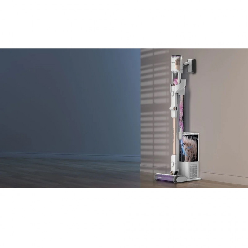 Вертикална прахосмукачка Shark IW3612EU, 240W, 0.42 л, 3 настройки, LED дисплей, Сензори за откриване на невидими замърсявания, Антиалергенно уплътнение, LED, Бял/златист