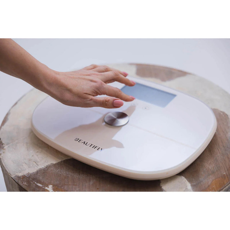 Кантар Beautifly SlimSense, До 180 кг, Режим за спортисти, 9 профила, Проследяване на напредъка, LCD, Анализ на телесен състав, Бежов