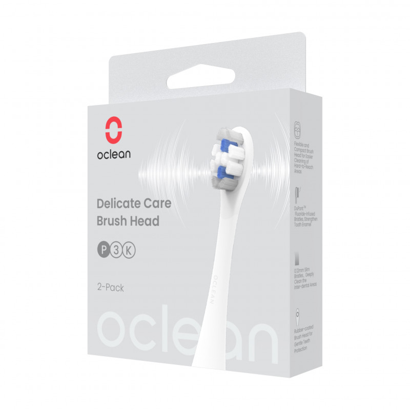 Комплект 2 бр резервни глави за електрическа четка за зъби Oclean Delicate Care-P3K4-XPD, Твърда, За възрастни, DuPont влакна с флуроид, Бял
