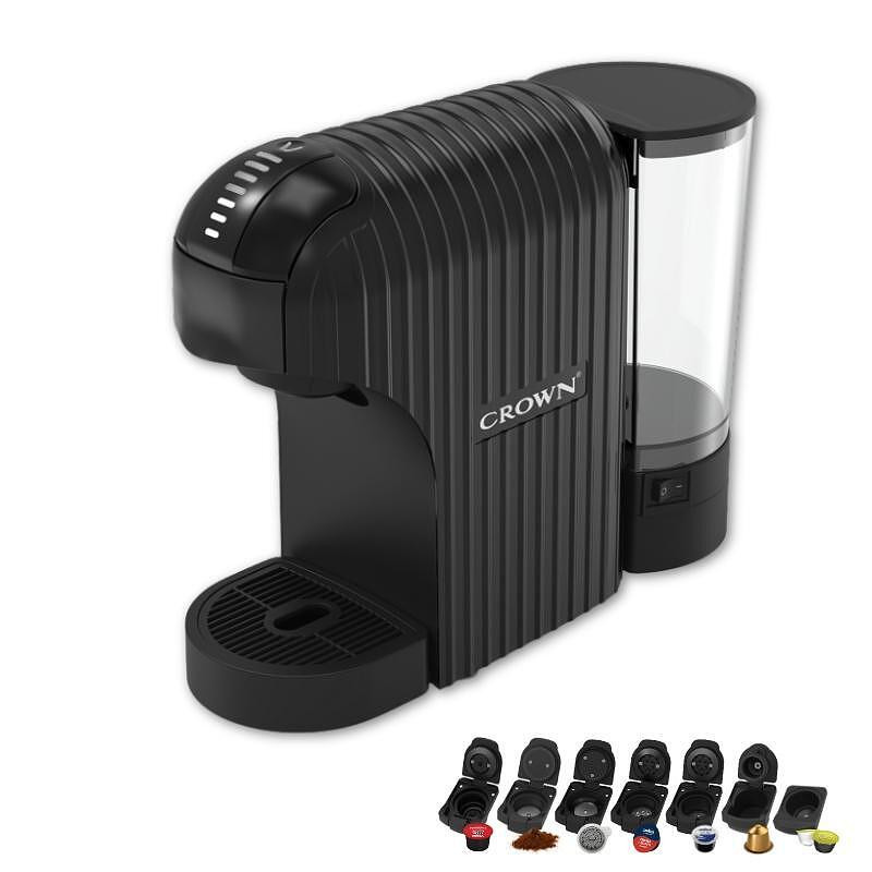 Еспресо машина 7в1 Crown CCM-1530B, 1400 W, 20 bar, 0.9 л, 7 адаптера, LED индикатори, Контрол дължината на кафето, Черен