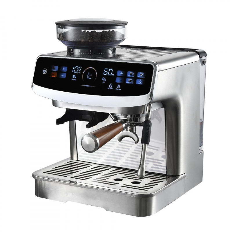 Еспресо машина Finlux FEM-1935D, 2450W, Италианска ULKA помпа 20 bar, 2.2 л, 250 гр, Вградена мелачка с 15 настройки, Сензорен екран, Инокс