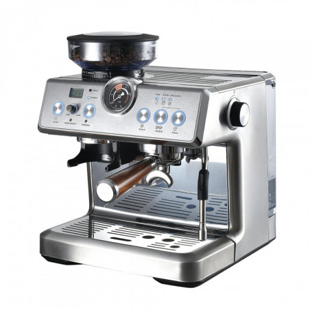 Еспресо машина Finlux FEM-1965M, 2450W, Италианска ULKA помпа 20 bar, 2.2 л, 250 гр, Вградена мелачка с 15 настройки, Инокс