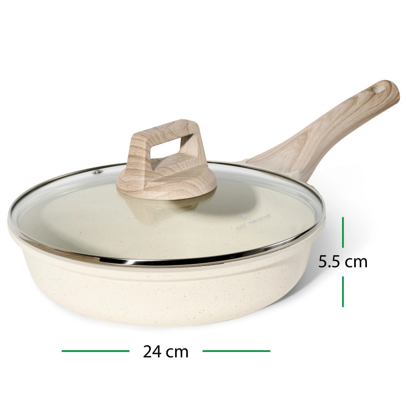 Тиган Just Perfecto JL-41, 24 см, Стъклен капак, Мраморно покритие, Без PFAS, Индукция, Бежов